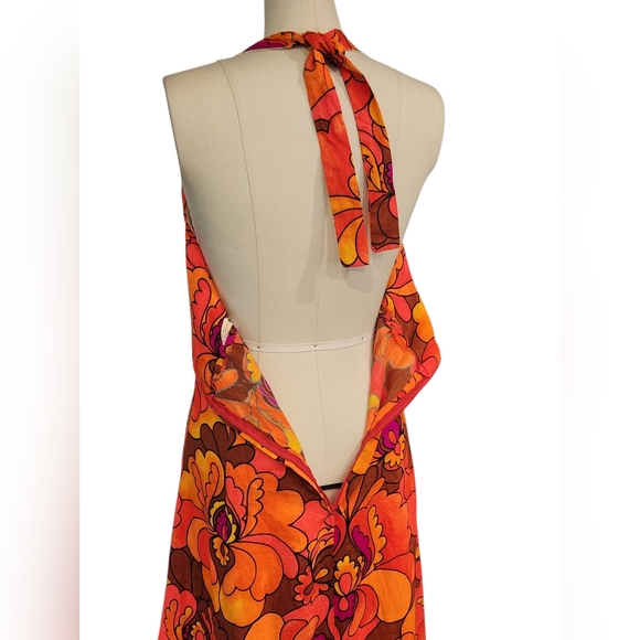 Vintage 1960s 1970s Neon Barkcloth? Halter Maxi Dress Summer Floral 10 M - Picture 9 of 16